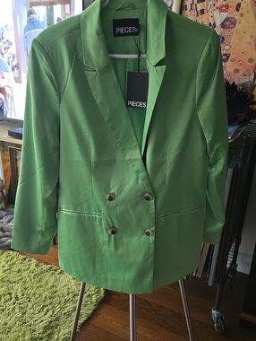 Green Double-Breasted Satin Blazer Jacket